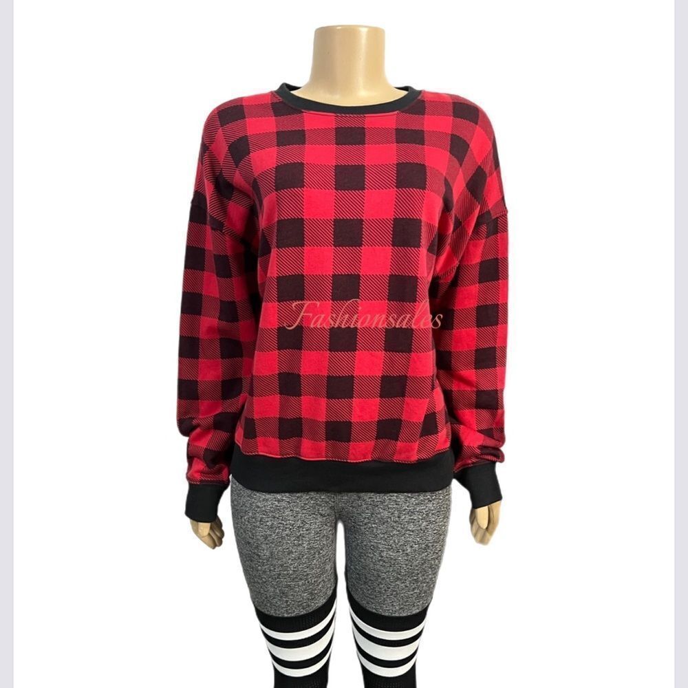 Victorias Secret Pink Fleece Pullover sweatshirt black / red check Small